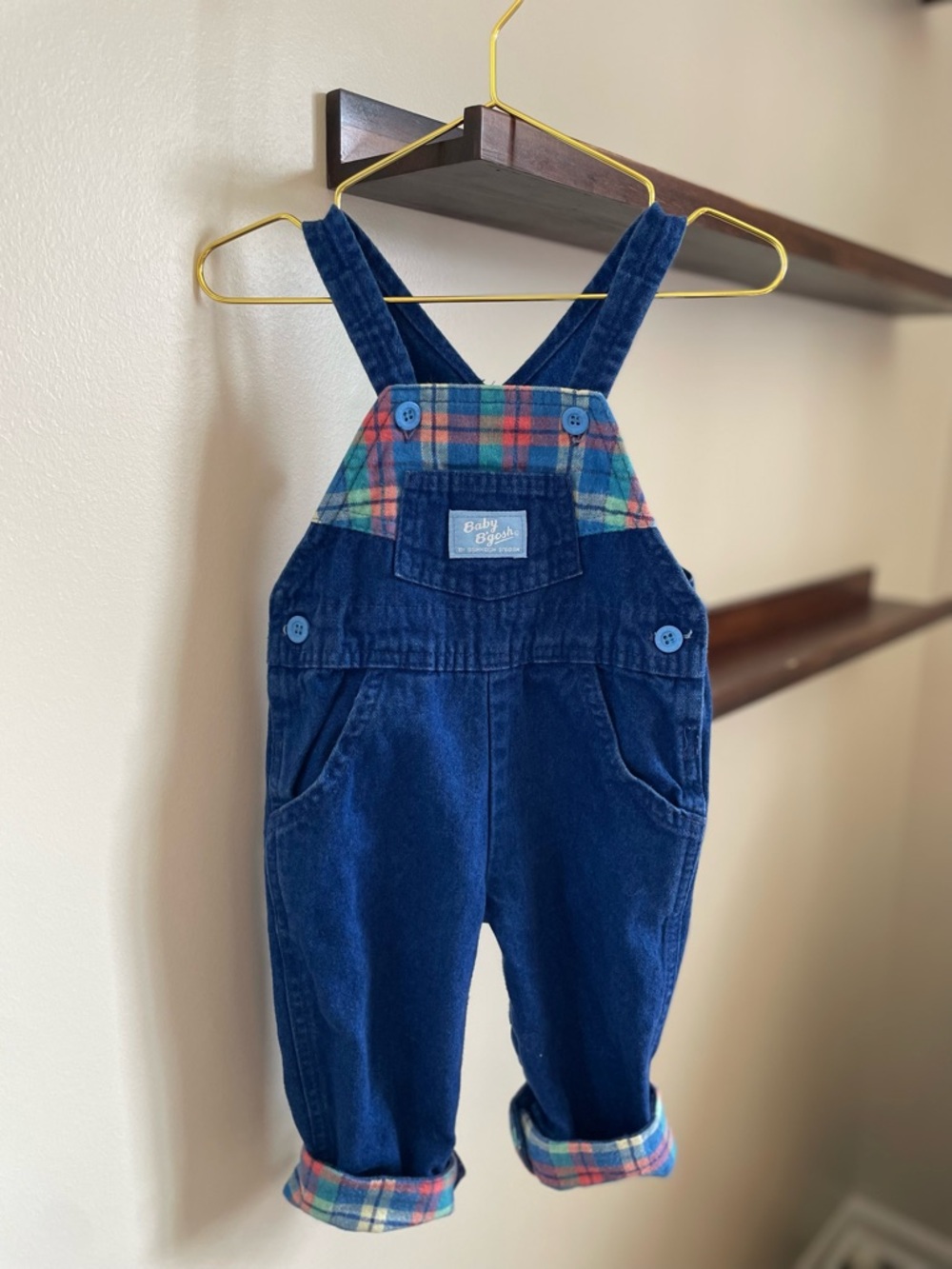 Vintage Baby B’gosh Navy Overalls with Plaid Flannel Trim Made In The USA